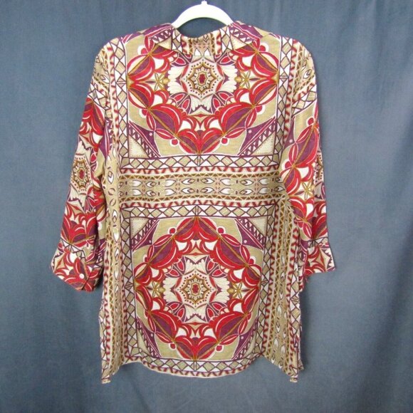 Talbots Silk Linen Tunic Top Red Tan Purple Size 10 Petite 3/4 Sleeve Semi Sheer - Picture 4 of 7